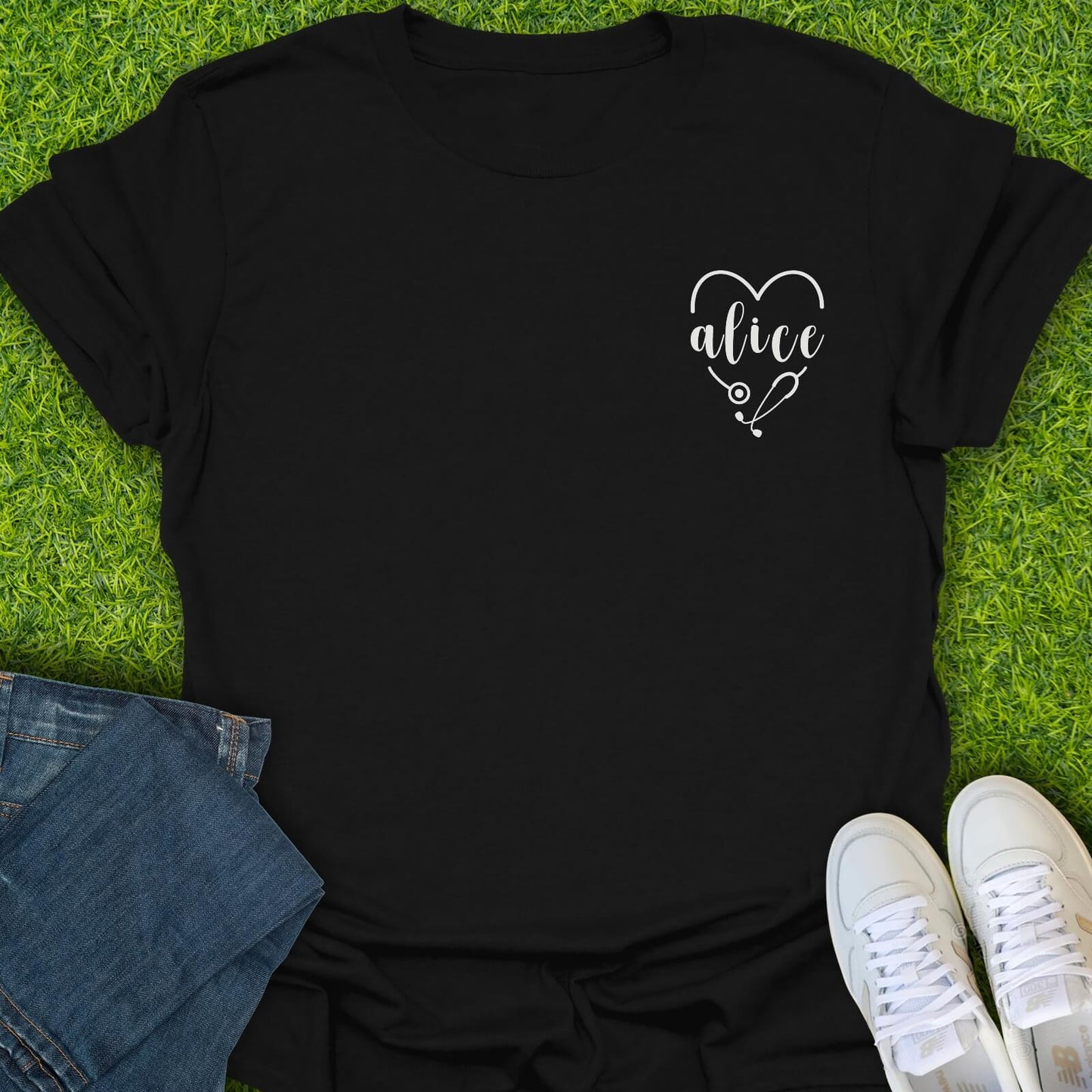 T-Shirt Black / S Custom Name Heart Stethoscope Tee