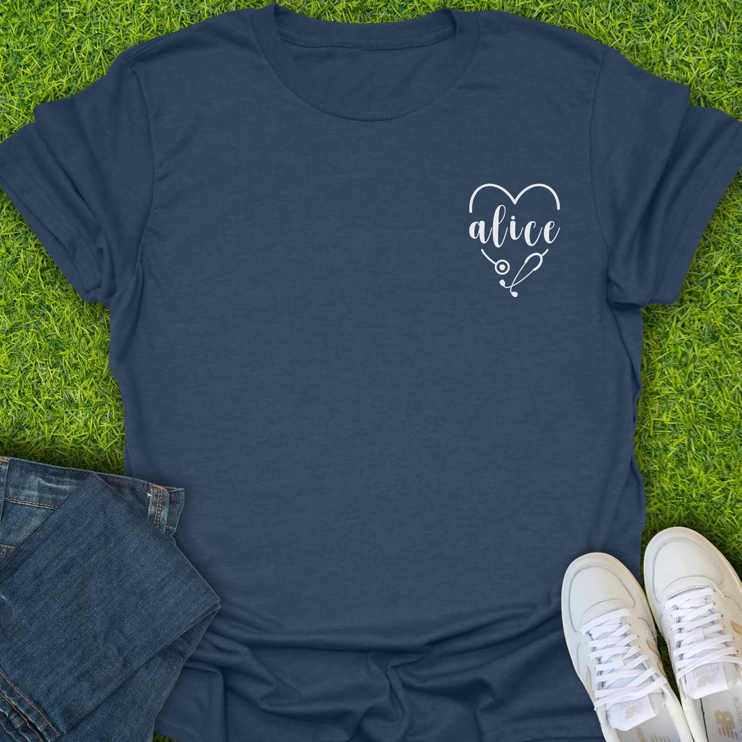 T-Shirt Heather Navy / S Custom Name Heart Stethoscope Tee