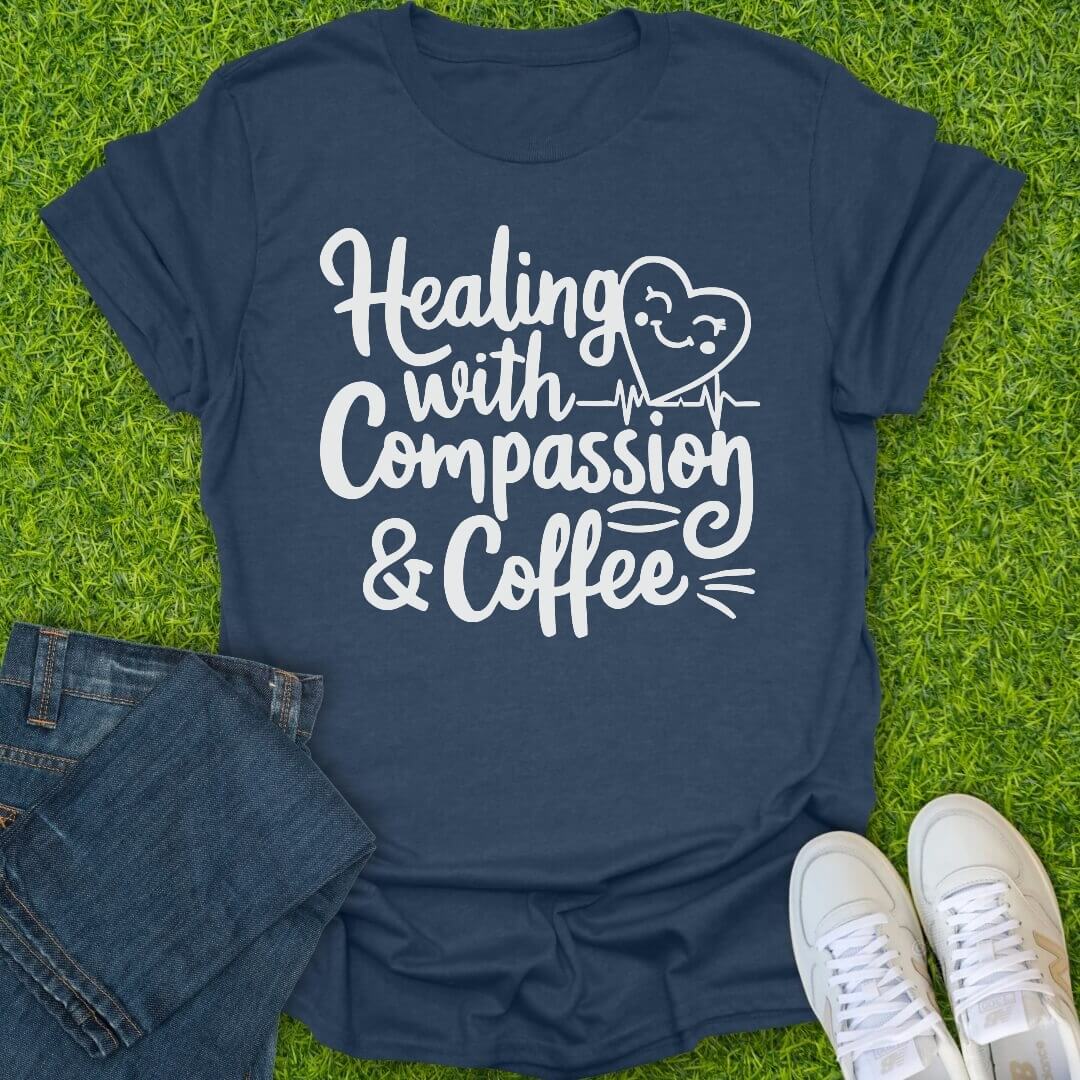 T-Shirt Heather Navy / S Healing With Compassion & Coffee Tee