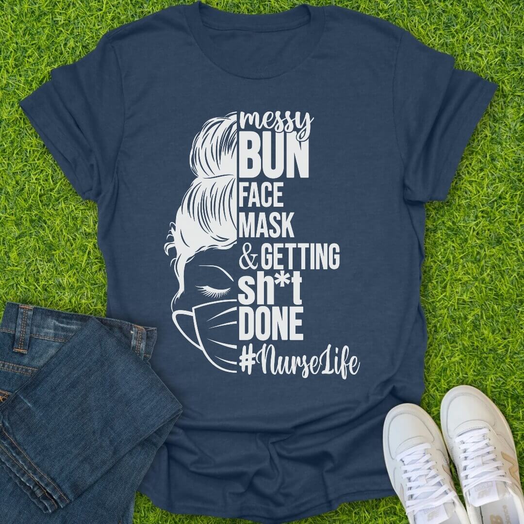 T-Shirt Heather Navy / S Messy Bun Nurse Tee