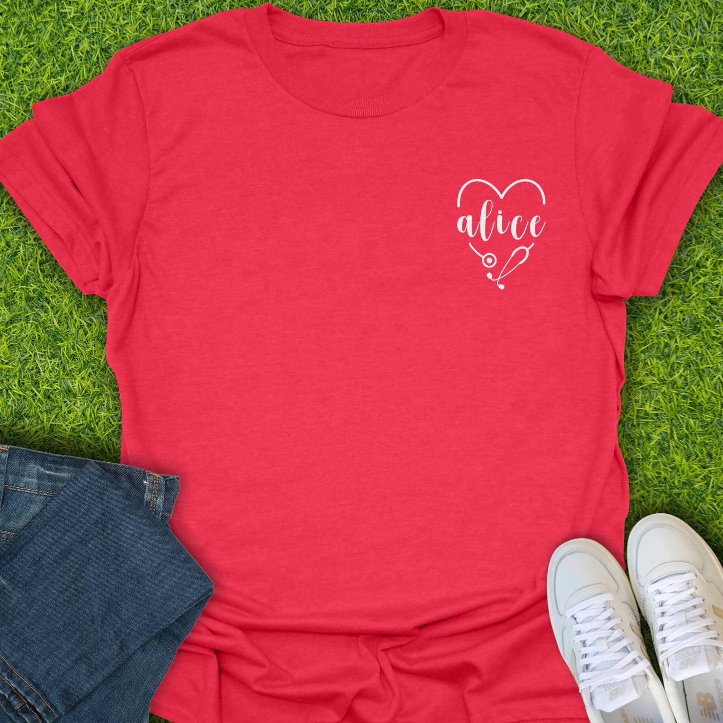 T-Shirt Heather Red / S Custom Name Heart Stethoscope Tee