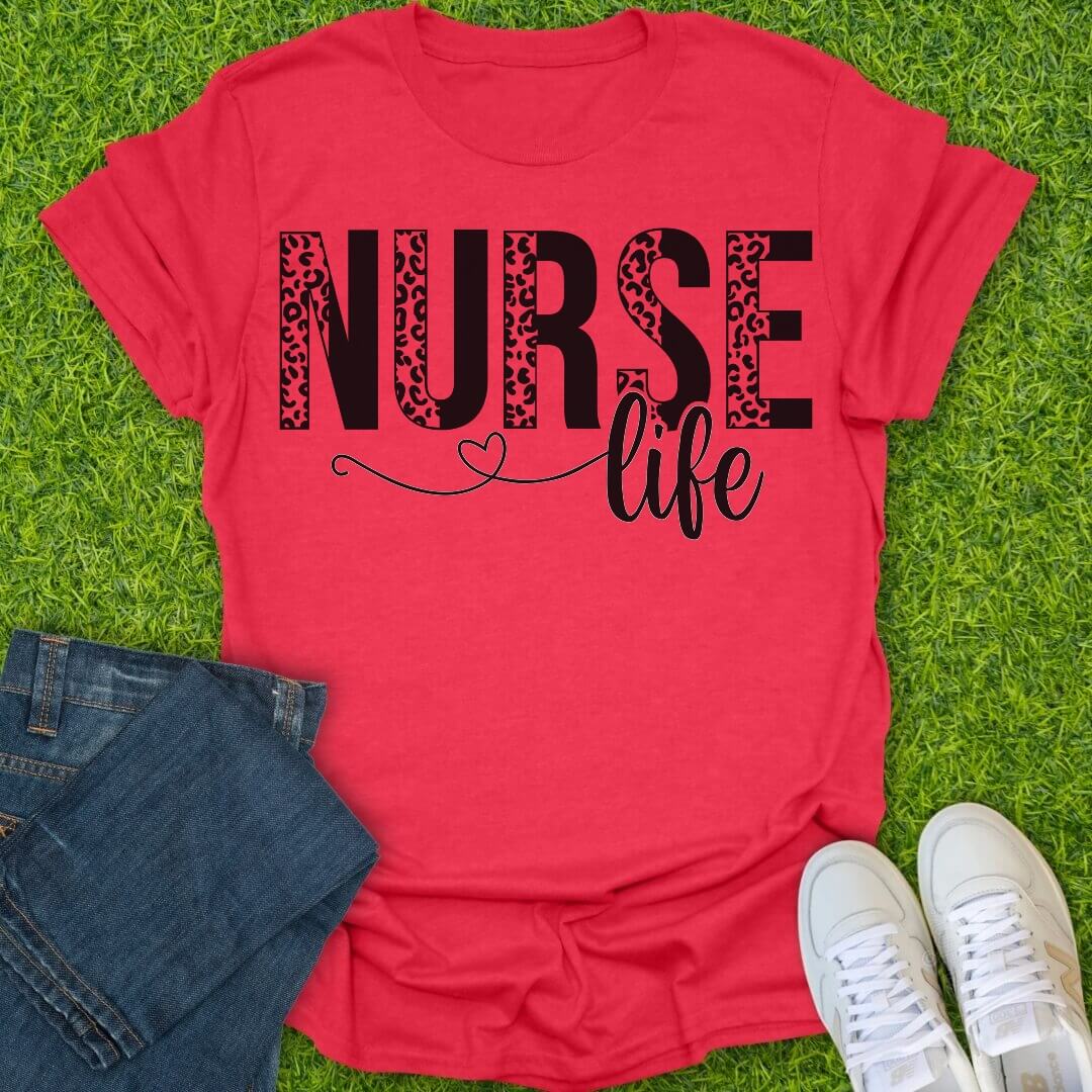 T-Shirt Heather Red / S Nurse Life With Half Leopard Letters Tee