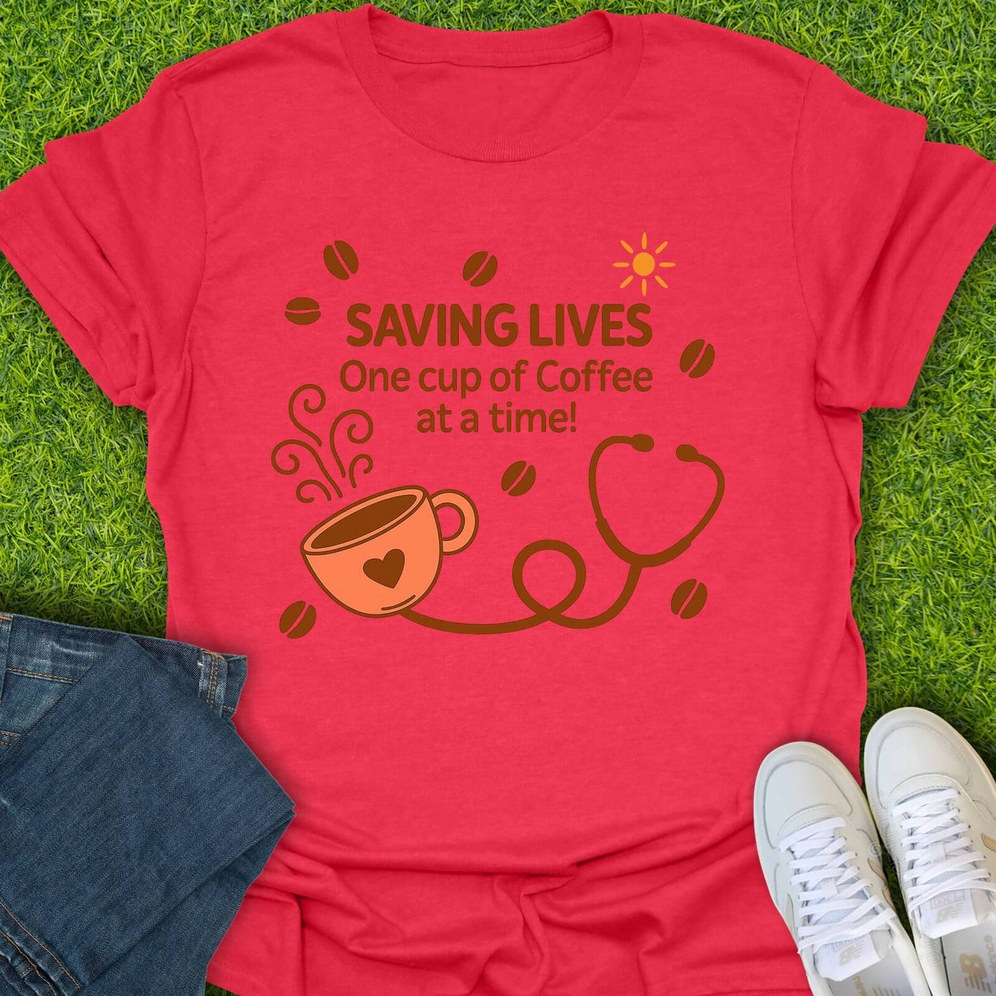 T-Shirt Heather Red / S Saving Lives One Cup Of Coffee At A Time Tee