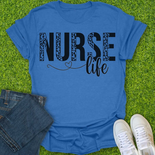 T-Shirt Heather Royal / S Nurse Life With Half Leopard Letters Tee