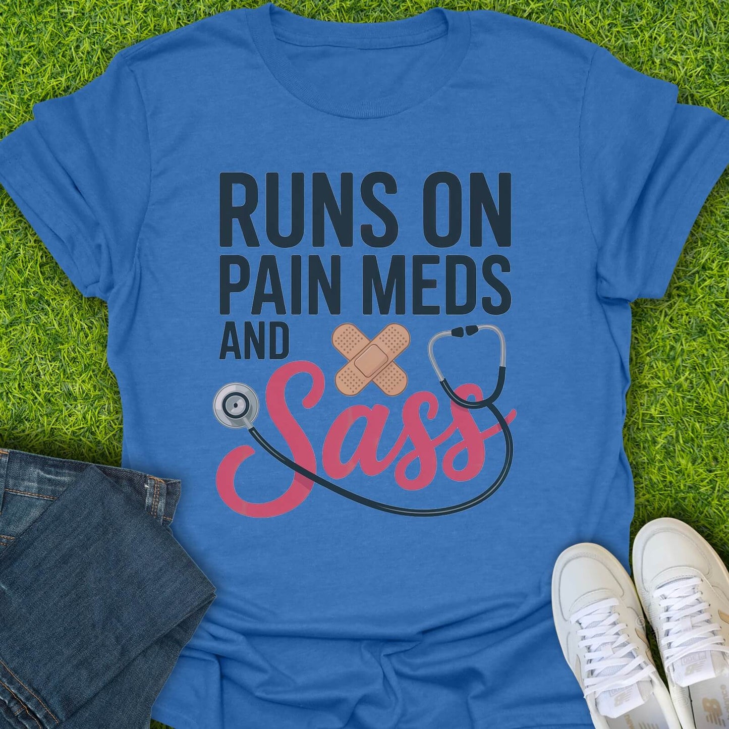 T-Shirt Heather Royal / S Runs On Pain Meds & Sass Tee