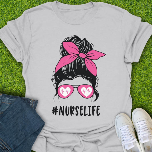 T-Shirt Ice Grey / S Messy Bun Heartbeat Glasses Tee