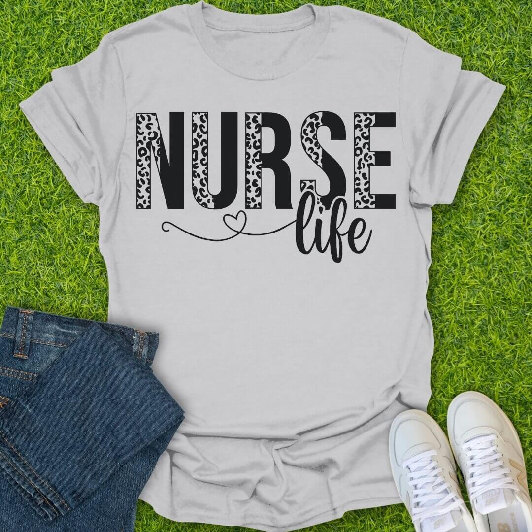 T-Shirt Ice Grey / S Nurse Life With Half Leopard Letters Tee