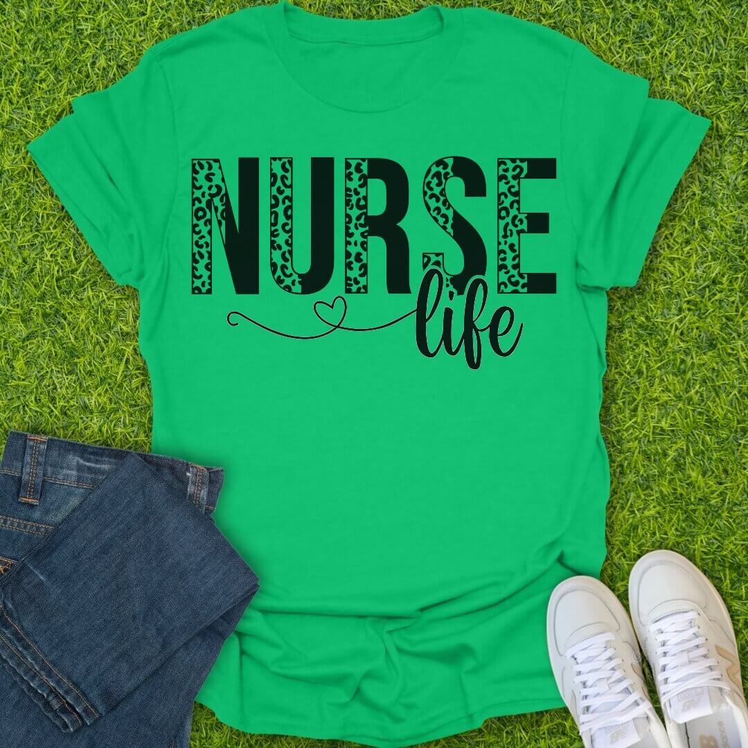 T-Shirt Irish Green / S Nurse Life With Half Leopard Letters Tee
