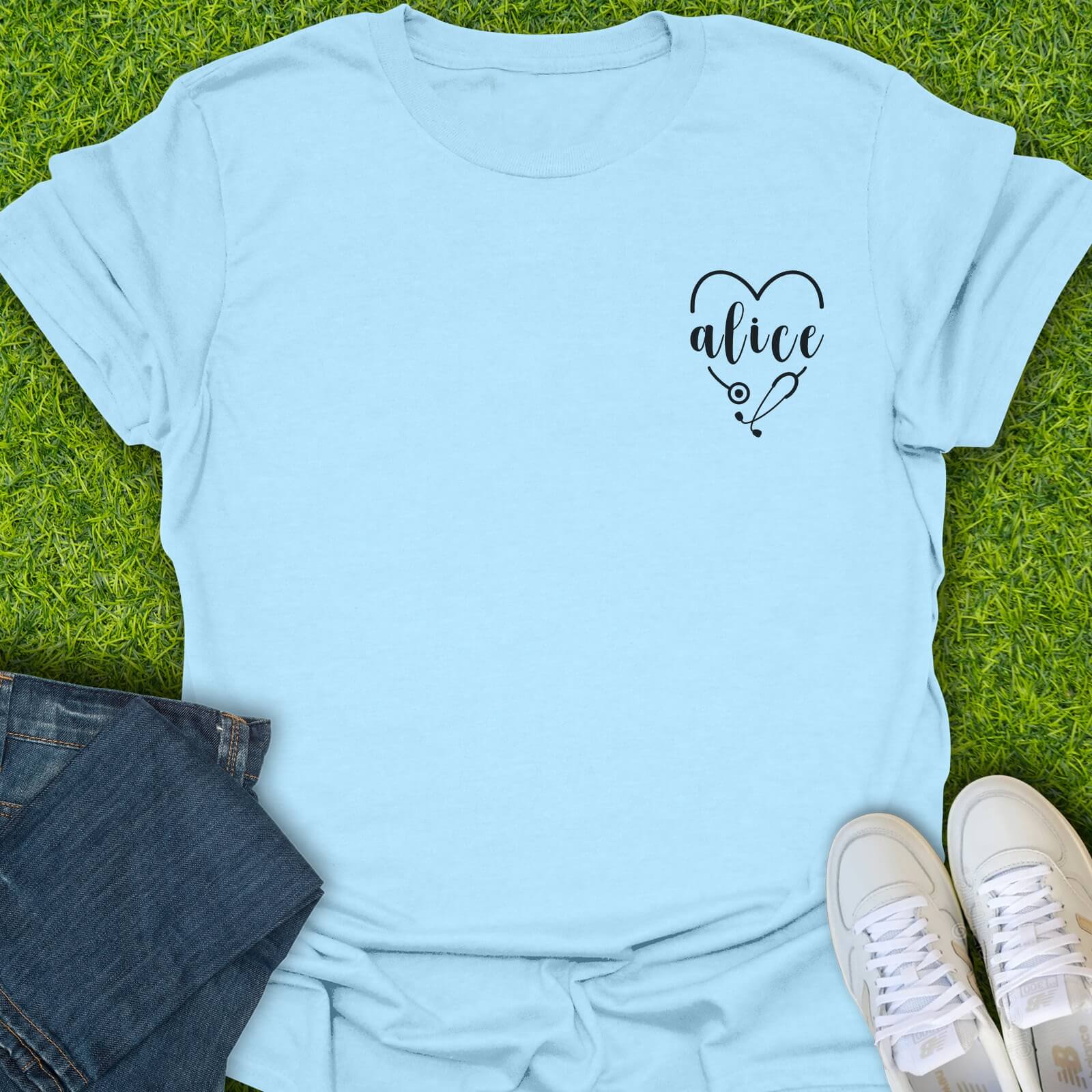 T-Shirt Light Blue / S Custom Name Heart Stethoscope Tee