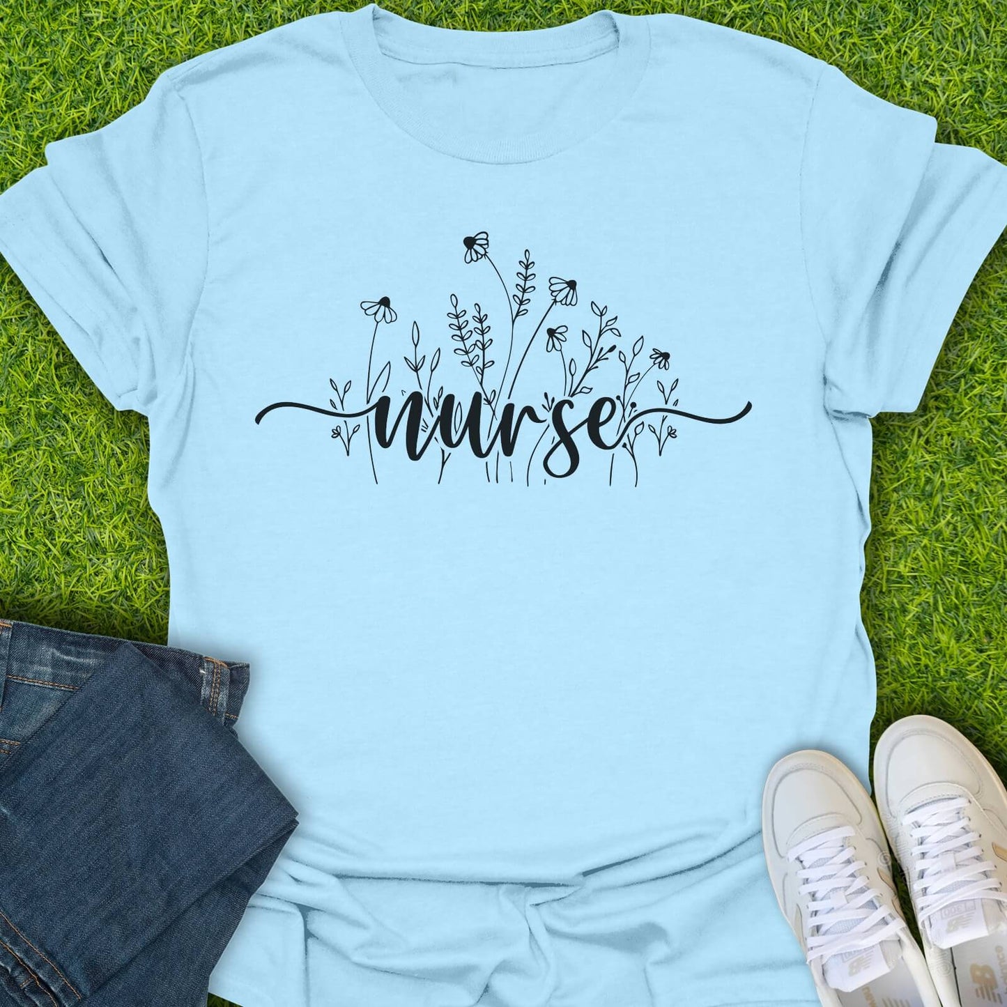 T-Shirt Light Blue / S Floral Script Nurse Tee