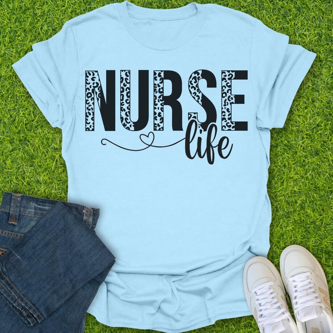 T-Shirt Light Blue / S Nurse Life With Half Leopard Letters Tee
