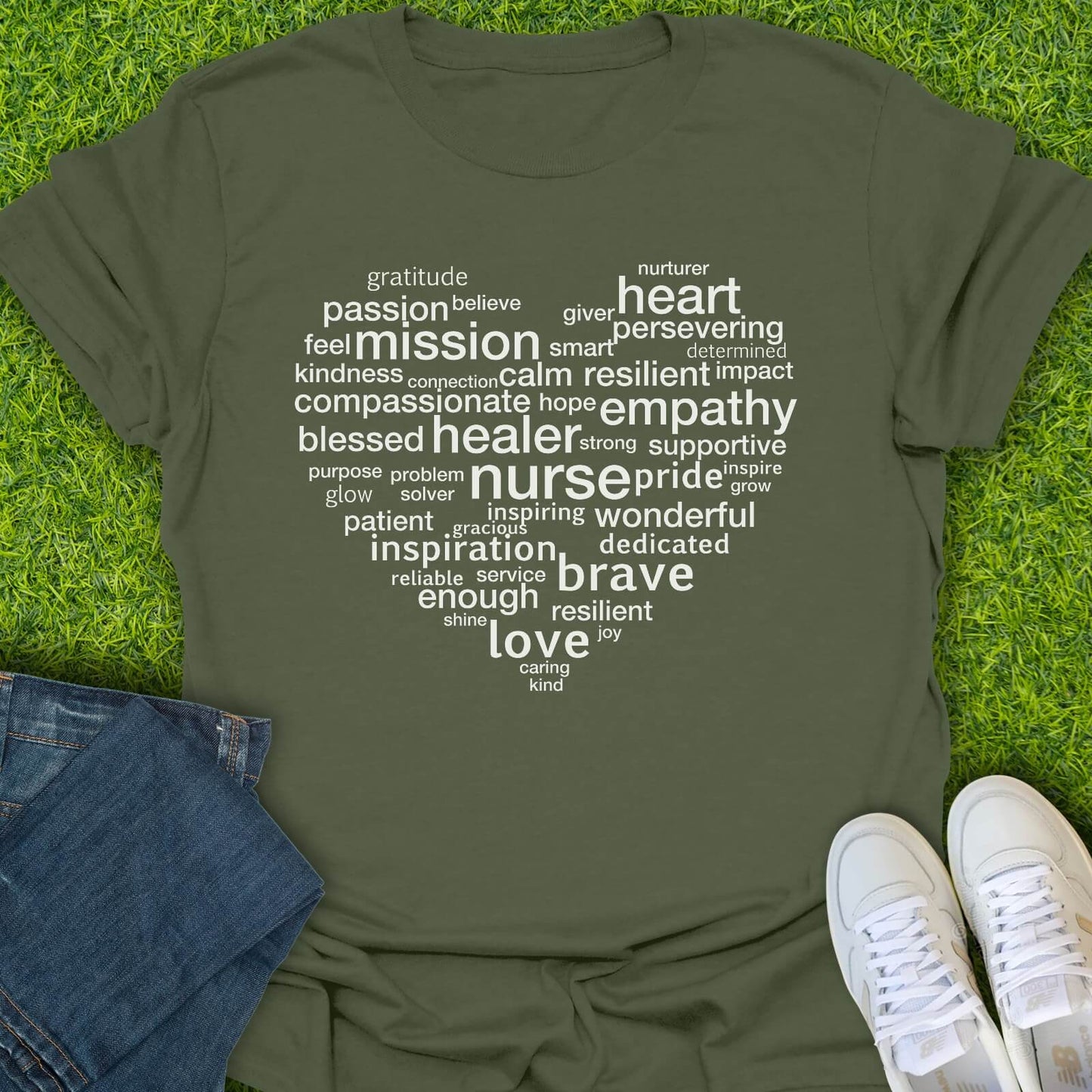 T-Shirt Military Green / S Heart Of A Nurse Words Tee