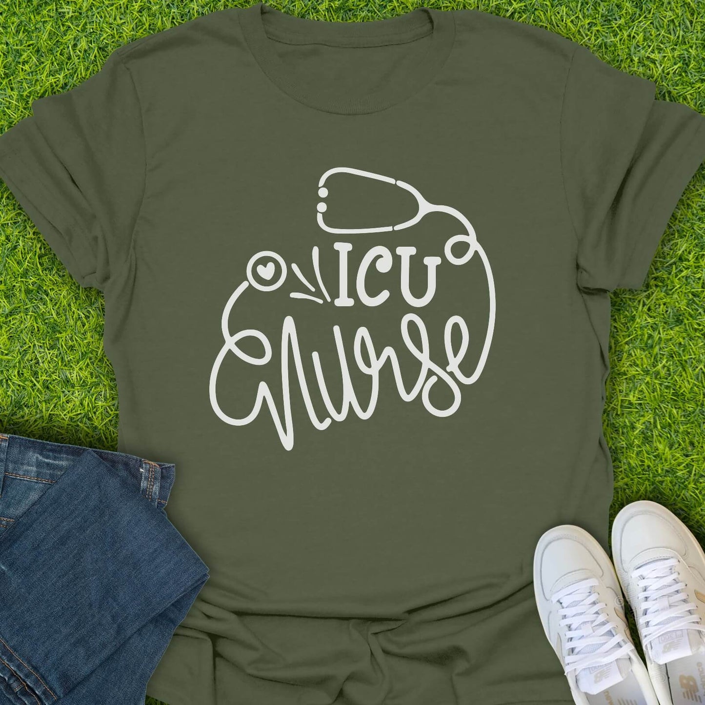 T-Shirt Military Green / S ICU Nurse Stethoscope Tee