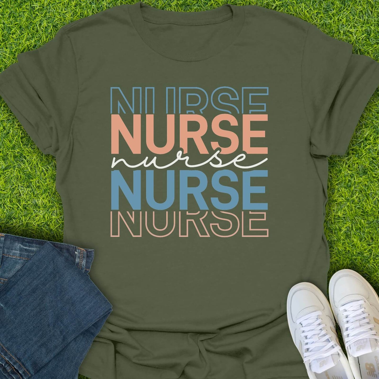T-Shirt Military Green / S Nurse Stacked Retro Tee