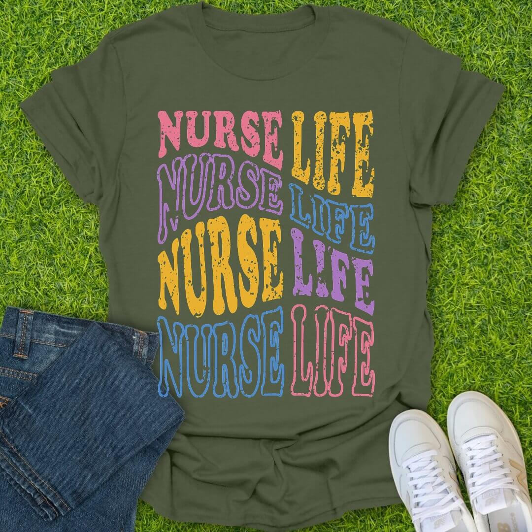 T-Shirt Military Green / S Retro Wavy Nurse Life Tee