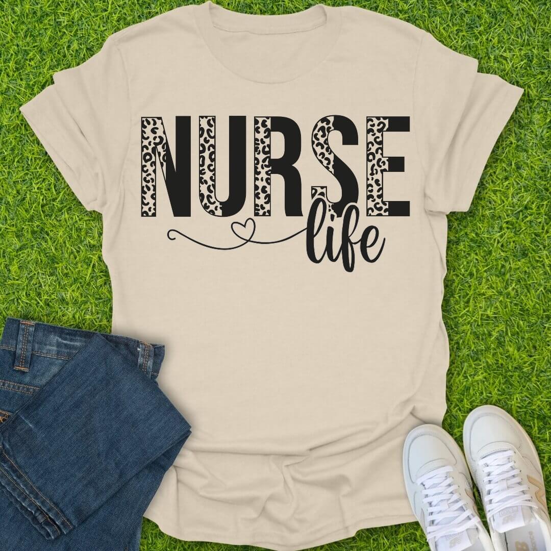 T-Shirt Natural / S Nurse Life With Half Leopard Letters Tee