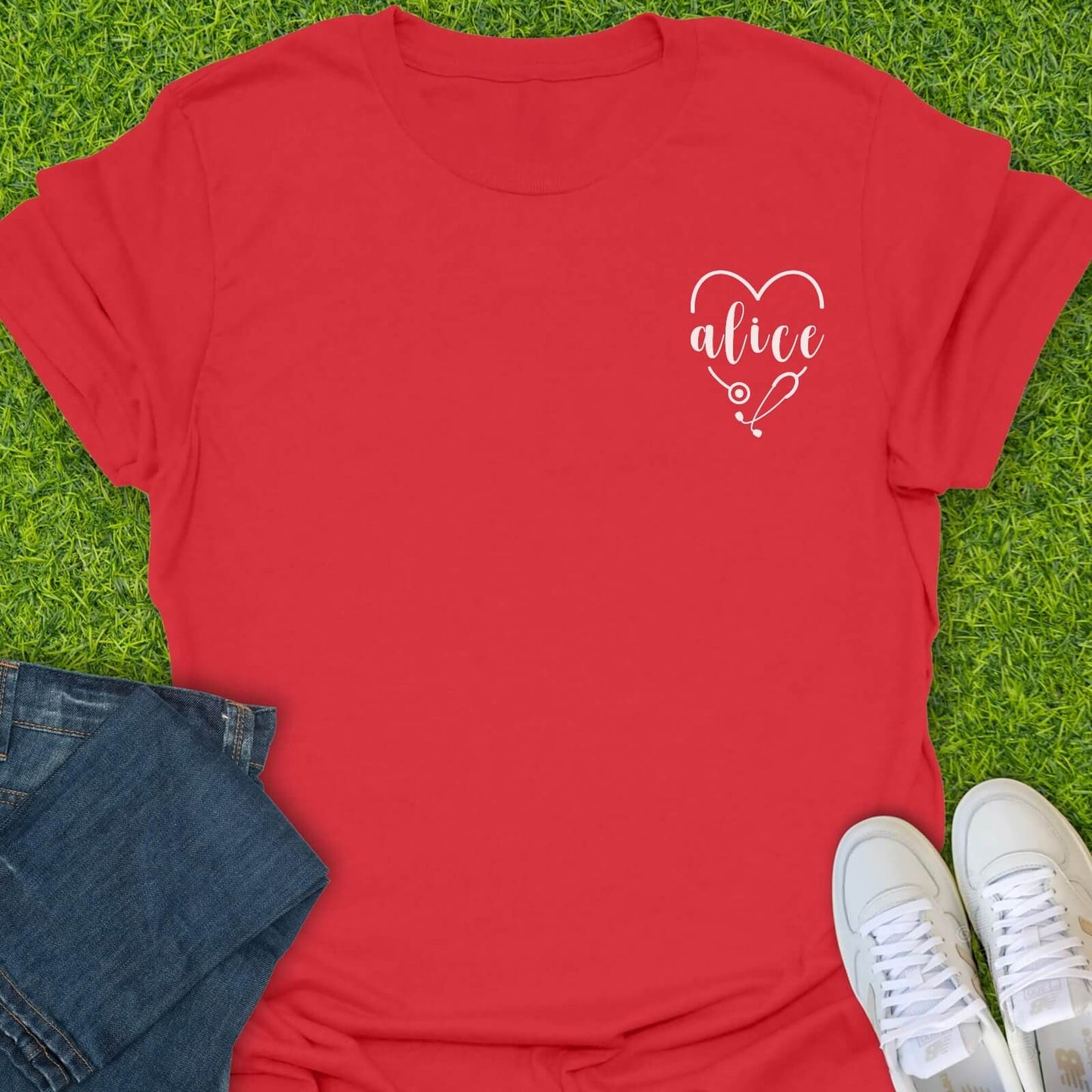 T-Shirt Red / S Custom Name Heart Stethoscope Tee