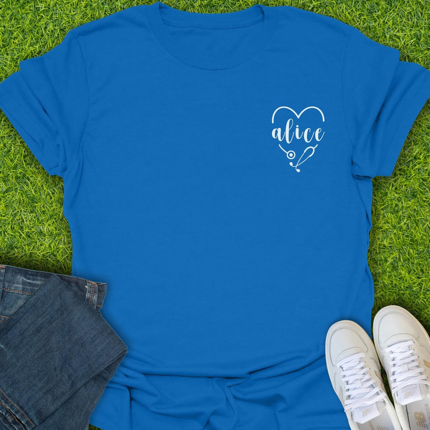 T-Shirt Royal / S Custom Name Heart Stethoscope Tee